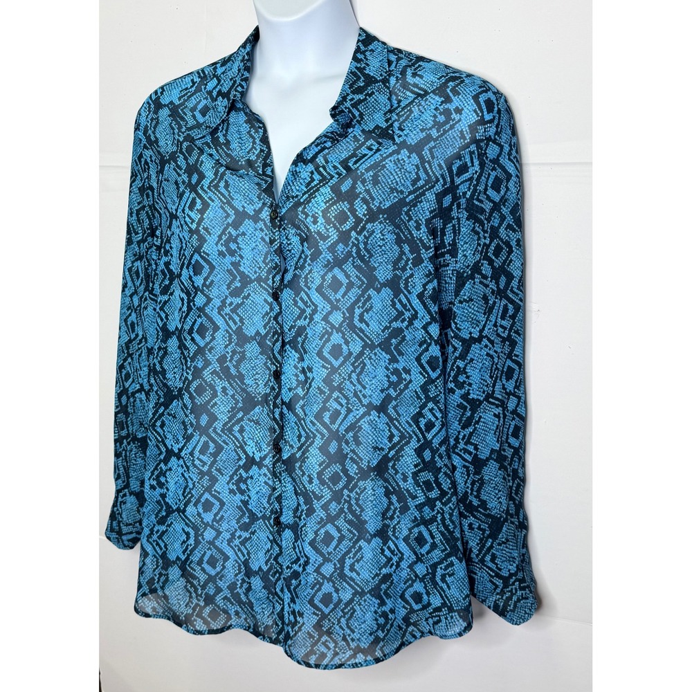 Venezia Jeans Button Down Blouse Womens 22/24 Blue Snakeskin Sheer Boho Office - Picture 3 of 6